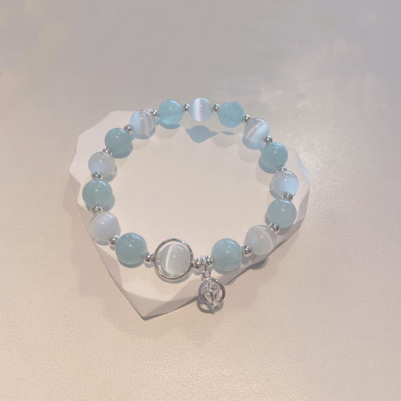 Pulsera con dije de ojo de gato y aguamarina de plata de ley 925 con piedras de Buda