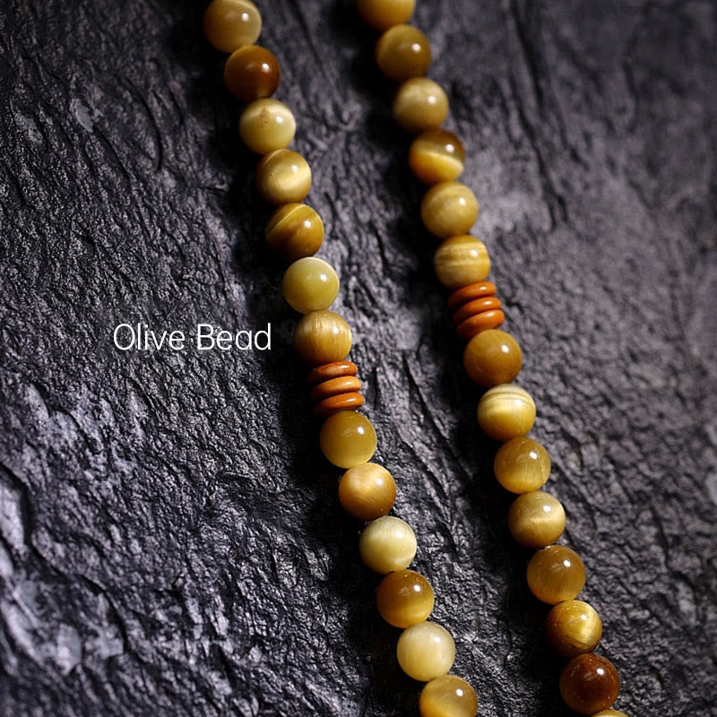 Buddha Stones 108 Mala-Perlen, natürliches Tigerauge, Kupfer, Dorje-Schutz, Quastenarmband