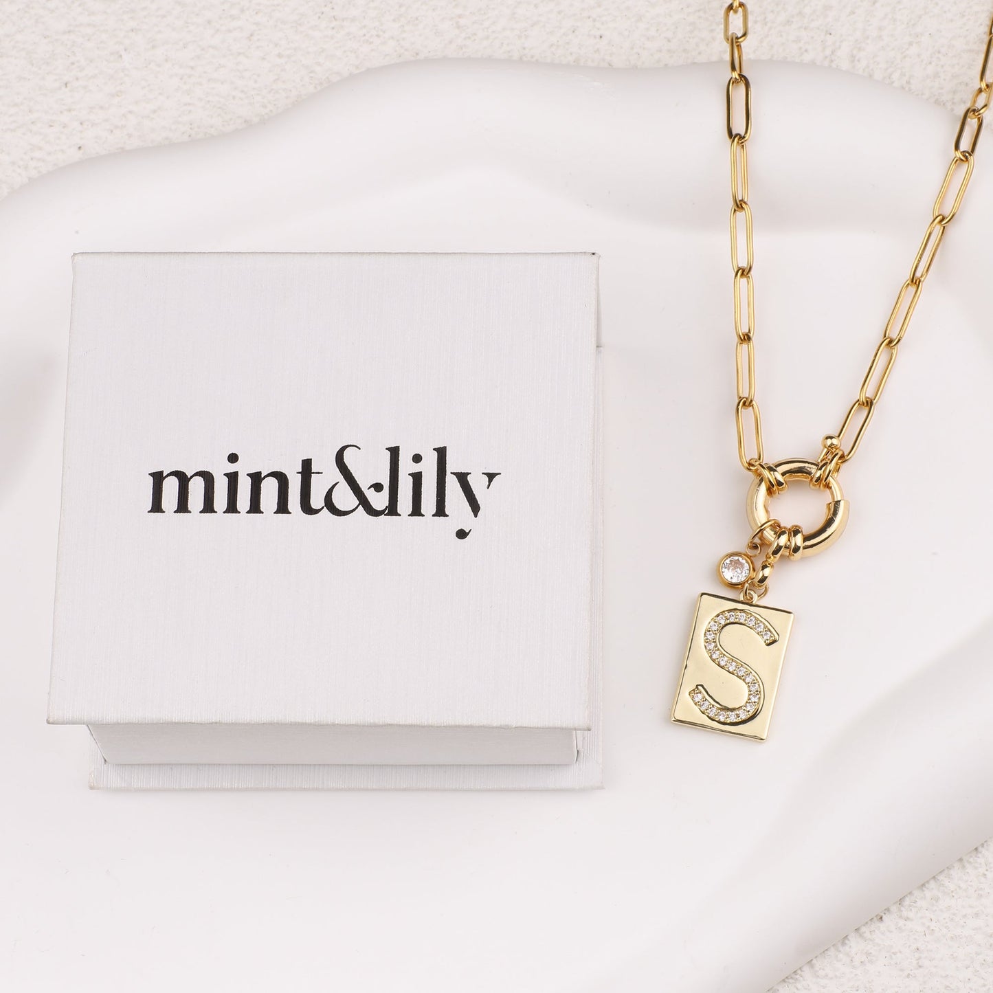 Pave Initial Pendant Necklace with Paperclip Chain