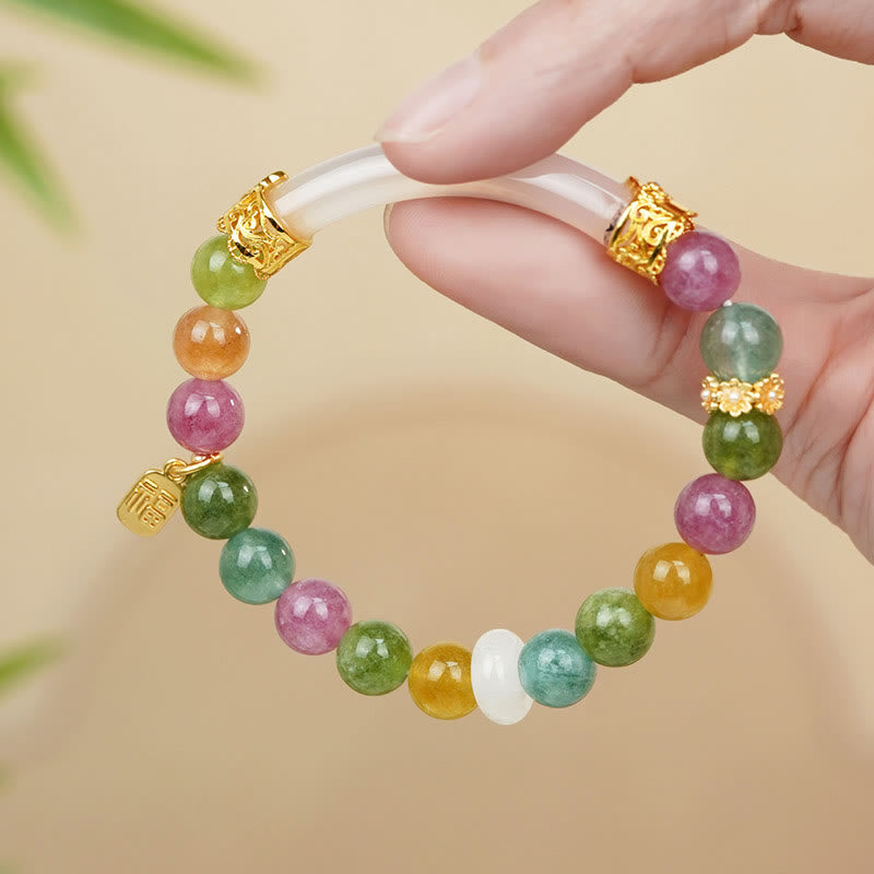Pulsera con dijes de piedra de Buda, turmalina colorida, calcedonia y carácter positivo Fu