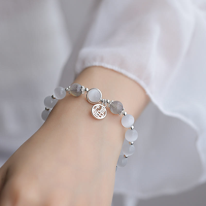 Pulsera con abalorios de bola con carácter Fu de piedra lunar y ojo de gato de Buda