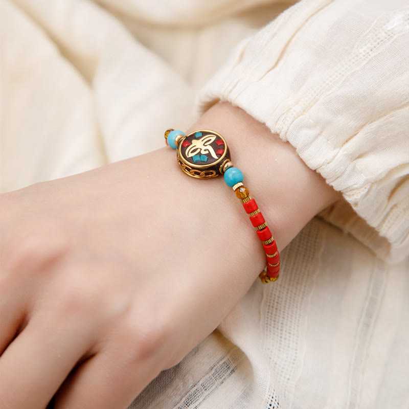 Armband mit tibetischen Buddha-Steinen, Türkis, Om Mani Padme Hum, Schutz und Stärke