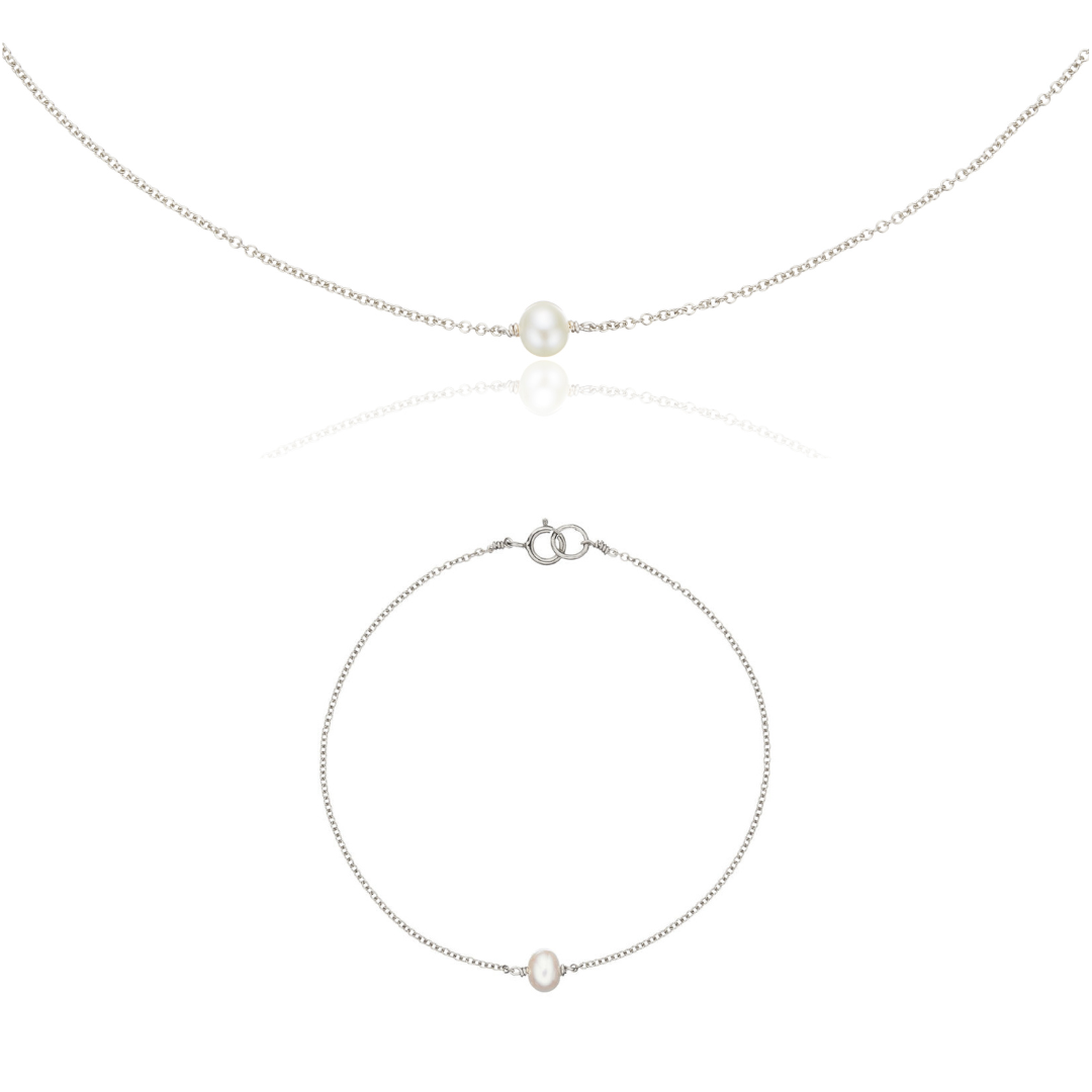 Silver Single Pearl Choker and Bracelet Gift Set