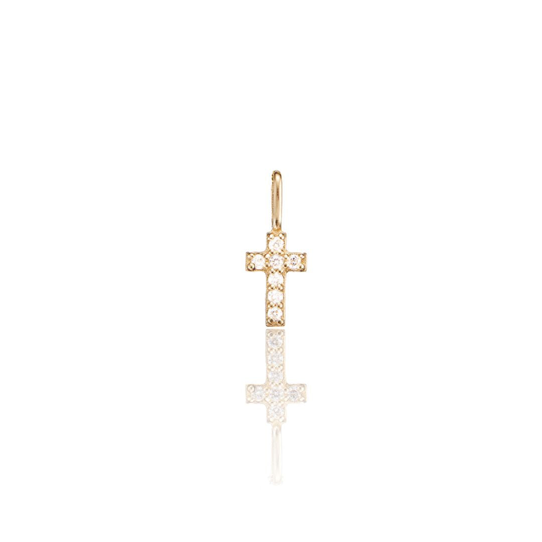 Dije de cruz pequeña individual con diamante genuino de oro macizo