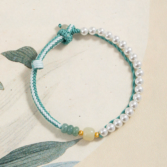 Pulsera de perlas trenzadas de jade hetiano de plata de ley 925 con piedras de Buda