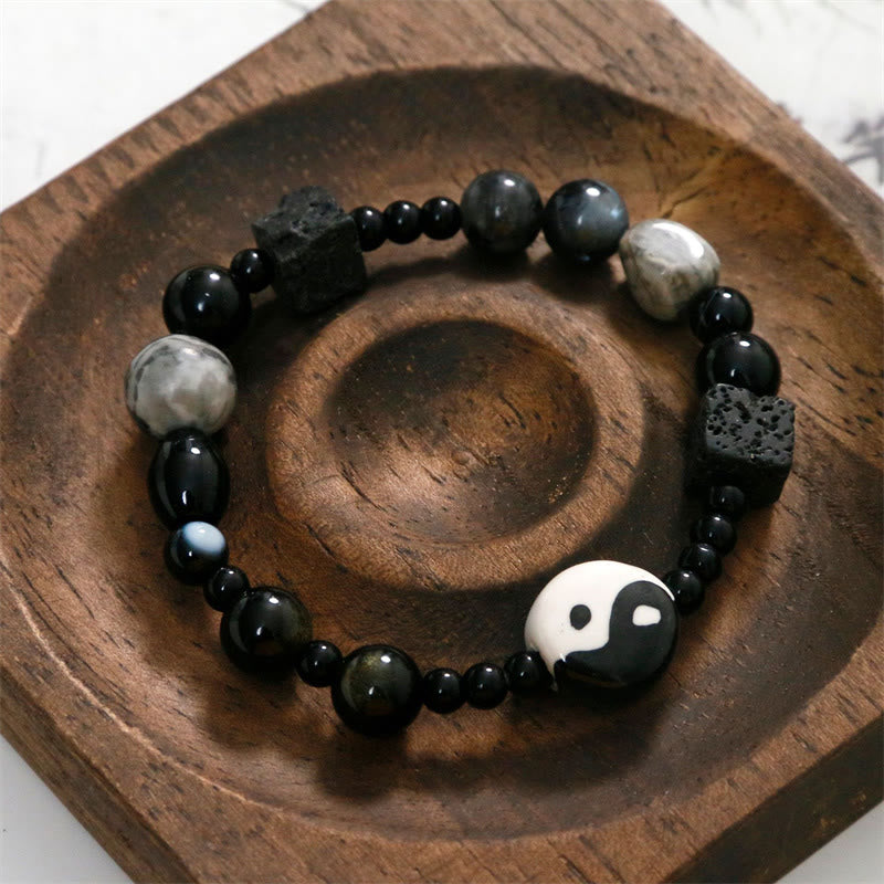 Pulsera de protección de la fortuna Yin Yang con cuentas de jaspe Picasso de ónix negro y piedras de Buda
