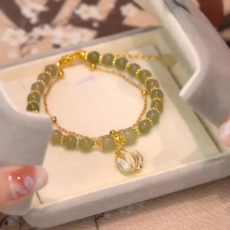 Pulsera de cuentas con piedras de Buda, hojas de jade, ginkgo, tulipán, cacahuete y carácter Fu, con la suerte