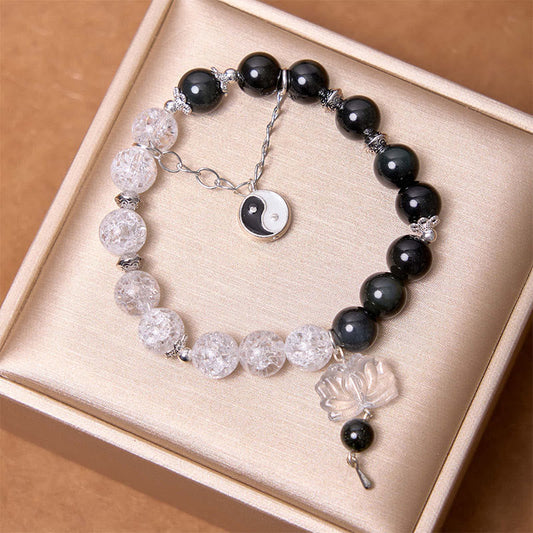 Pulsera de protección de loto Yin Yang con piedras de Buda, obsidiana plateada con brillo, cuarzo transparente y craquelado, cuarzo rutilado negro