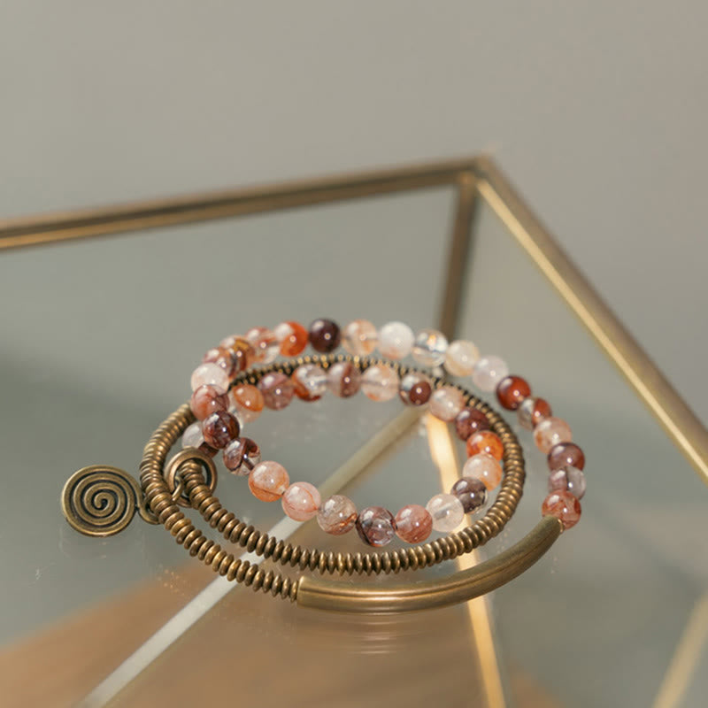Pulsera de cobre con piedras de Buda, cuarzo hematoide rojo fantasma morado y cuarzo rutilado verde, amor y perdón