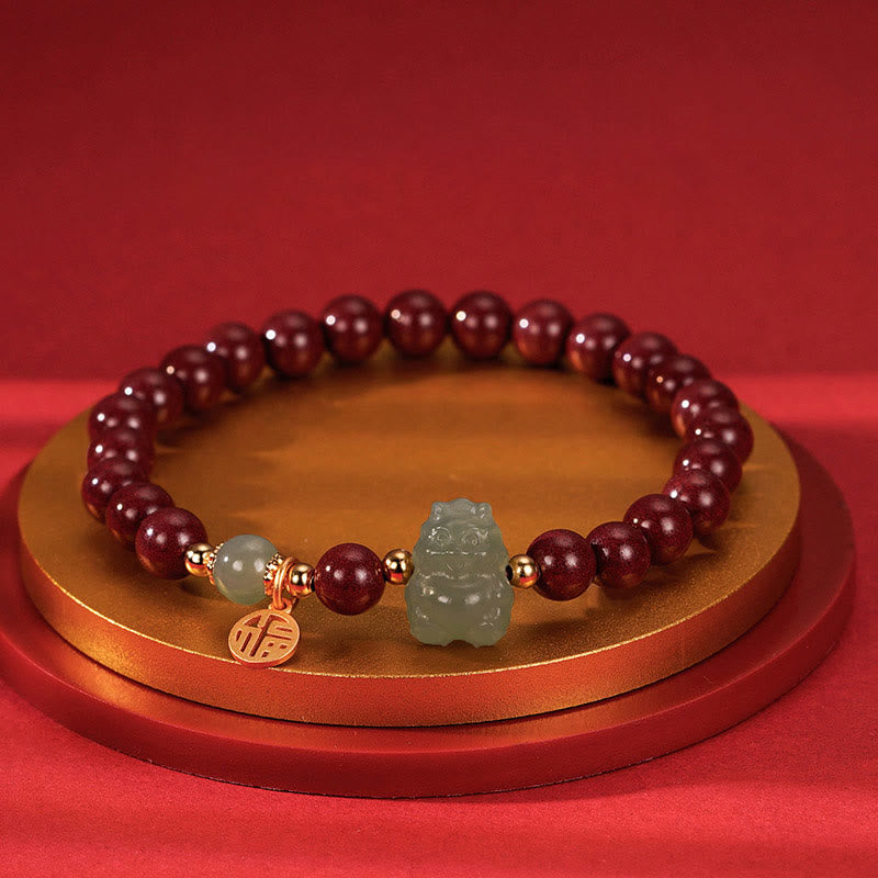 Buddha Stones 925 Sterling Silver Year of the Dragon Natural Cinnabar Hetian Jade Dragon Fu Character Ruyi As One Wishes Charm Blessing Bracelet