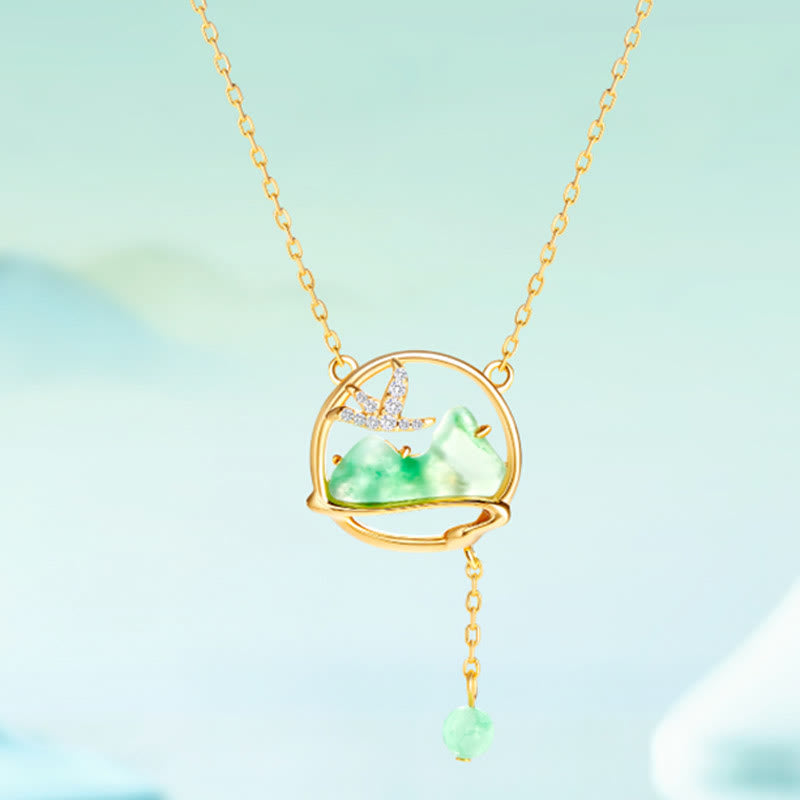 Conjunto de collar y pulsera con colgante de la suerte, piedras de Buda, cobre bañado en oro de 18 quilates, jade natural y calcedonia. Un panorama de ríos y montañas.