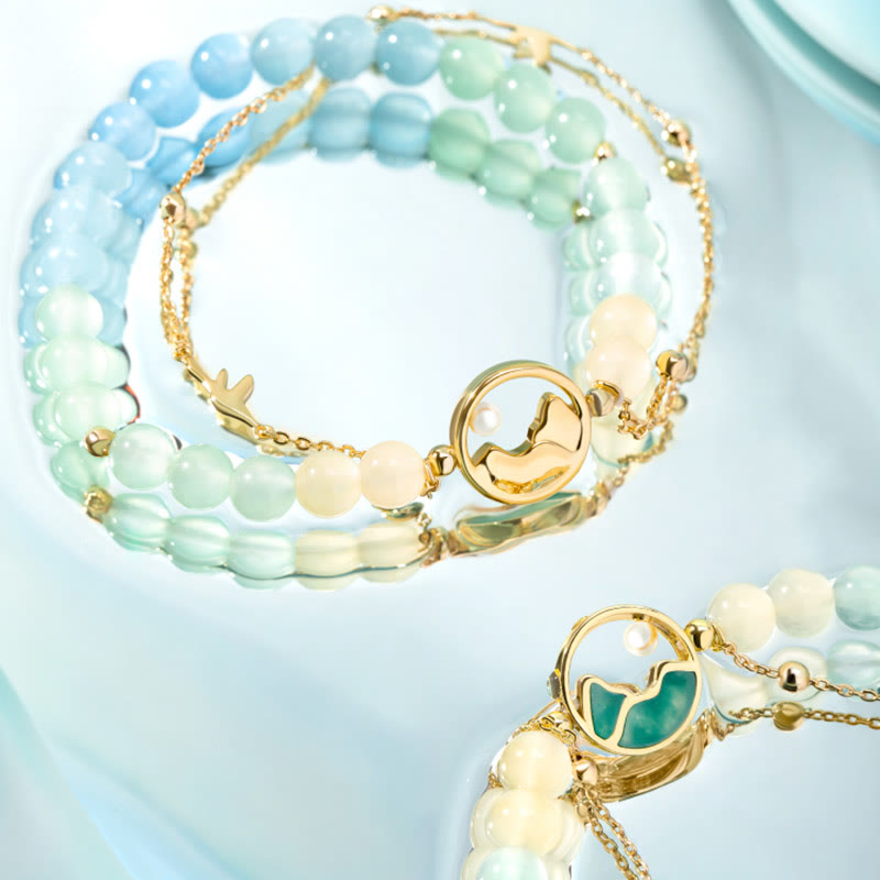 Conjunto de collar y pulsera con colgante de la suerte, piedras de Buda, cobre bañado en oro de 18 quilates, jade natural y calcedonia. Un panorama de ríos y montañas.