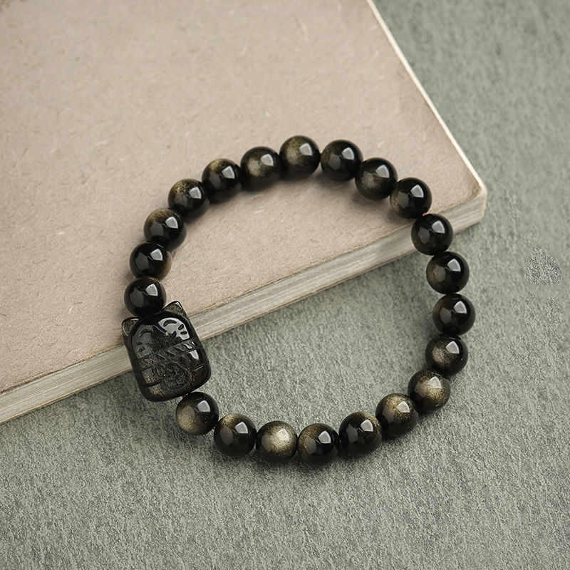 Pulsera de protección con piedras de Buda, obsidiana dorada y obsidiana plateada con brillo, con forma de pata de gato de la suerte.