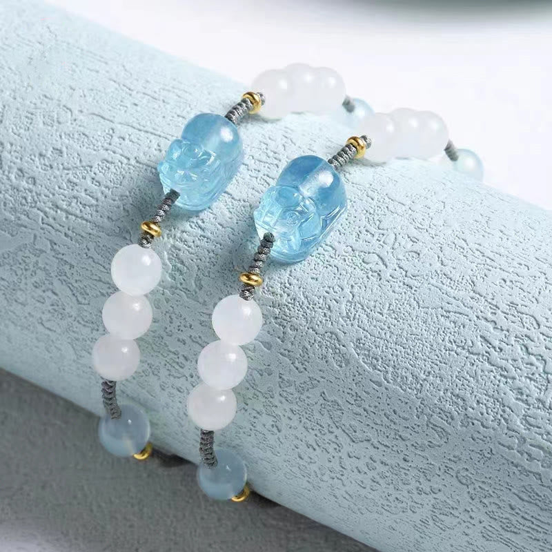 Pulsera curativa de jade blanco PiXiu Hetian con aguamarina natural y piedras de Buda