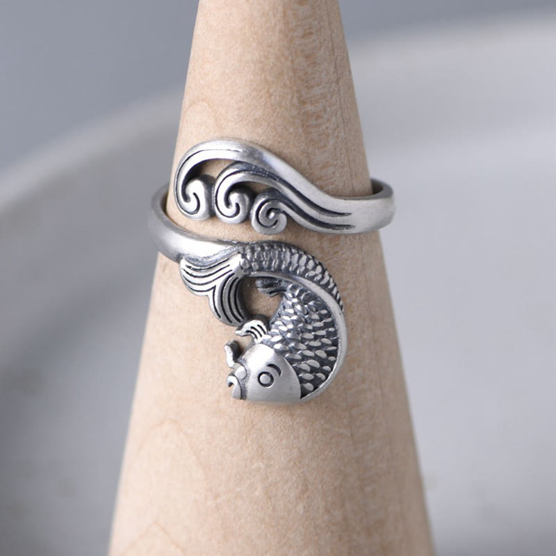 Anillo de plata de ley 925 con piedras de Buda y pez koi, con ondas de agua, para la suerte y la riqueza.