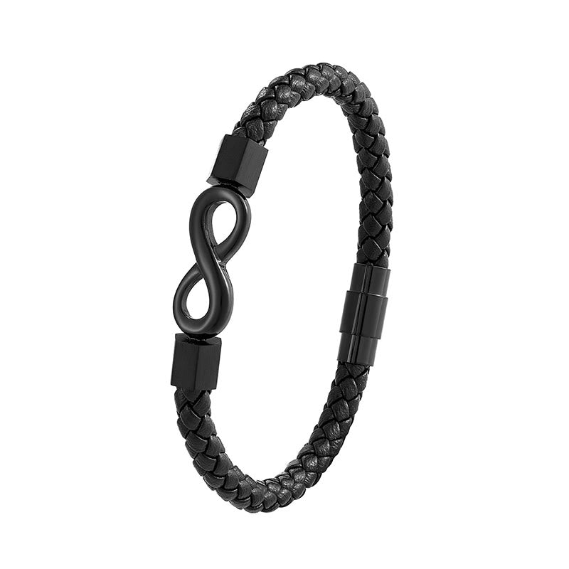 Pulsera de equilibrio con nudo infinito de piedras de Buda, acero de titanio y cuero trenzado.