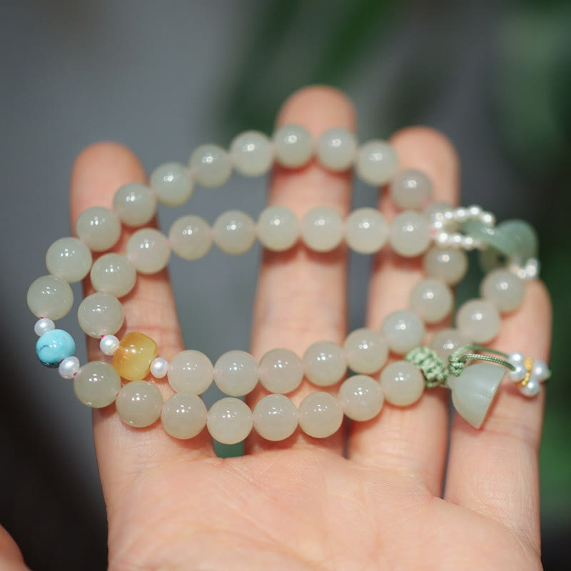 Pulsera de doble vuelta con piedras de Buda, jade hetiano, doble hebilla de paz y suerte de loto en plata de ley 925