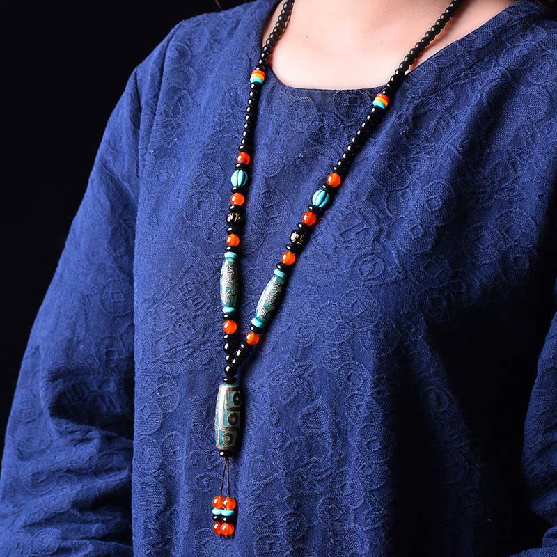 Collar con colgante de piedra de Buda tibetano con cuentas Dzi de nueve ojos y diseño de dragón, protección Om Mani Padme Hum
