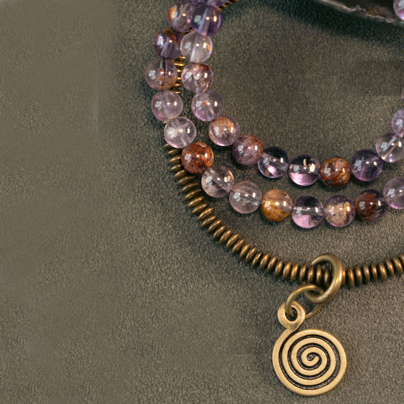 Pulsera de cobre con piedras de Buda, cuarzo hematoide rojo fantasma morado y cuarzo rutilado verde, amor y perdón