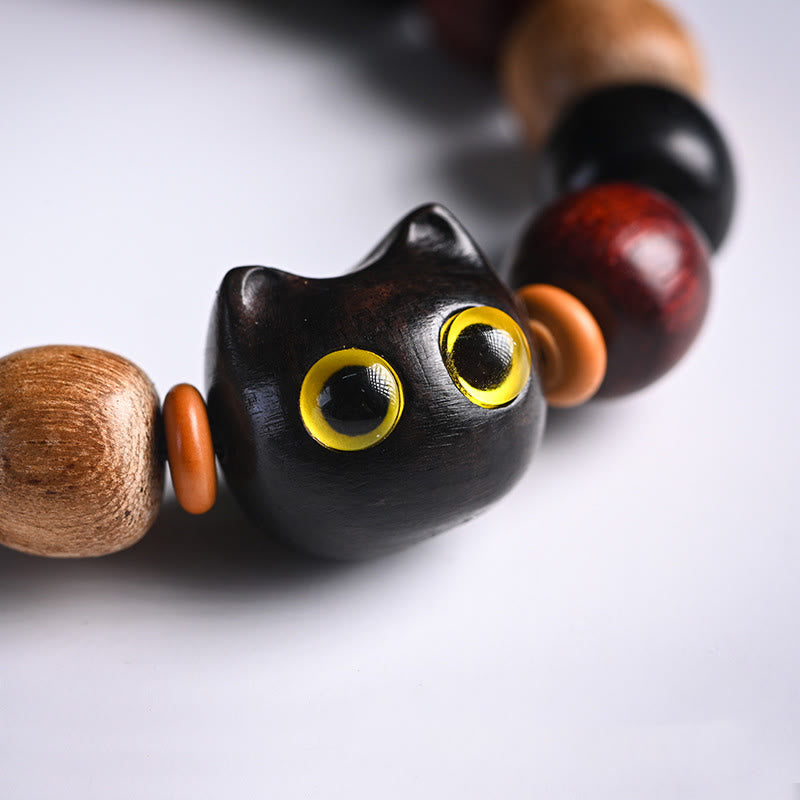 Pulsera de protección con piedras de Buda, hoja pequeña, sándalo rojo, madera de ébano y gato grabado
