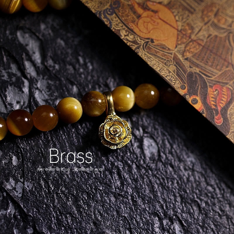 Buddha Stones 108 Mala-Perlen, natürliches Tigerauge, Kupfer, Dorje-Schutz, Quastenarmband