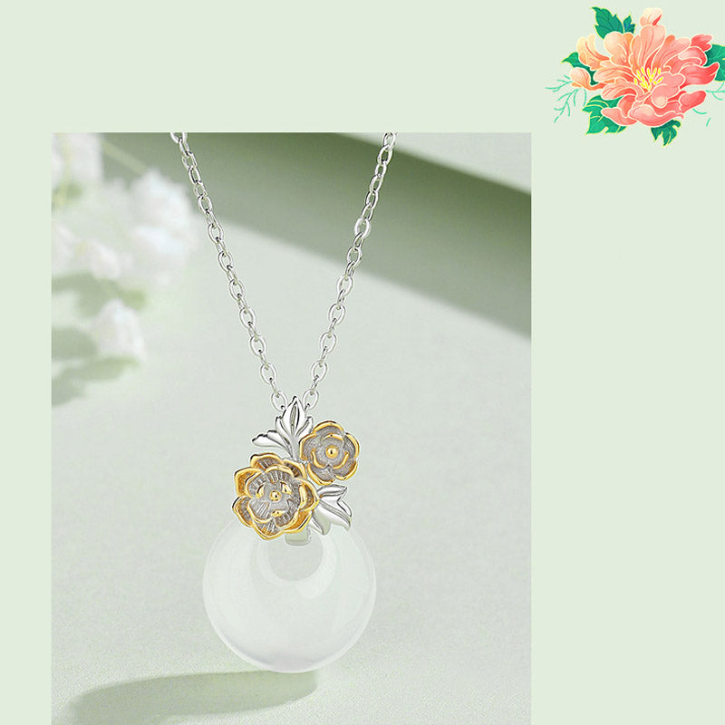 Collar con colgante de flor de armonía de doce meses de calcedonia redonda de plata de ley 925 con piedras de Buda