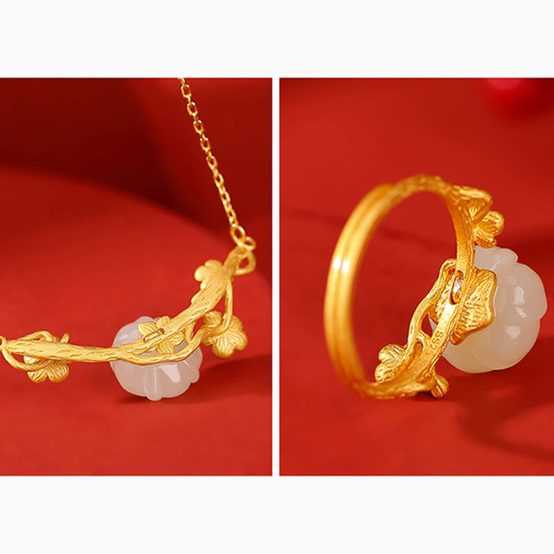 Buddha Stones 925 Sterling Silver Plated Gold Hetian Jade Plum Blossom Luck Necklace Pendant Bracelet Bangle Ring