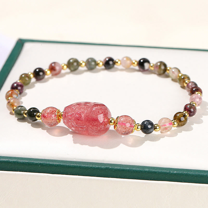 Buddha Stones Mondstein Erdbeerquarz Turmalin PiXiu Heilarmband
