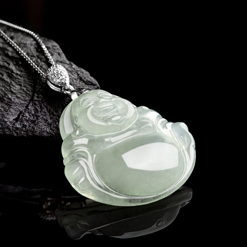 Collar con colgante de Buda sonriente de jade natural en plata de ley 925 con piedras de Buda, cadena de prosperidad y abundancia.