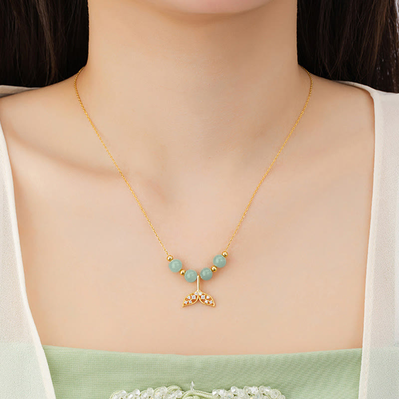 Collar con colgante de cola de pez de cuentas de jade hetiano de plata de ley 925 con piedras de Buda y la suerte