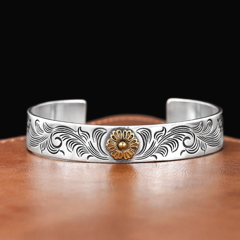 Buddha Stones Tang Dynastie Blumendesign Rose Blume Feder geschnitzt Kupfer Glück Armband Armreif