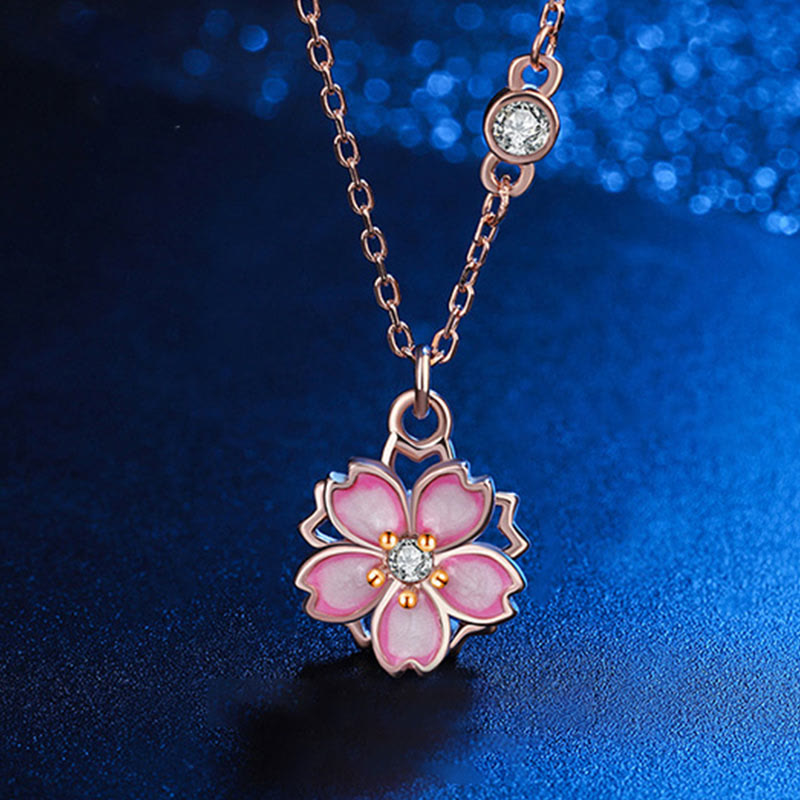 Collar con colgante de flor de cerezo en plata de ley 925 con piedras de Buda y protección giratoria