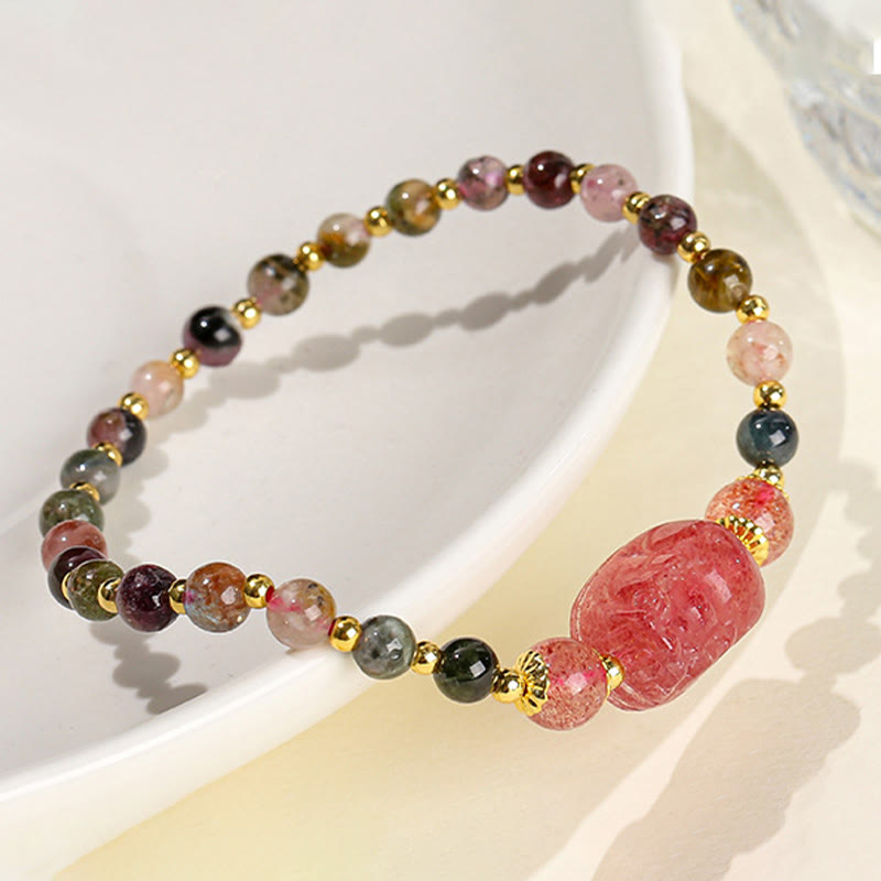 Buddha Stones Mondstein Erdbeerquarz Turmalin PiXiu Heilarmband