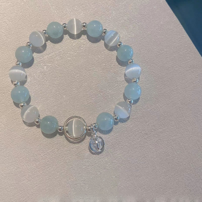 Pulsera con dije de ojo de gato y aguamarina de plata de ley 925 con piedras de Buda