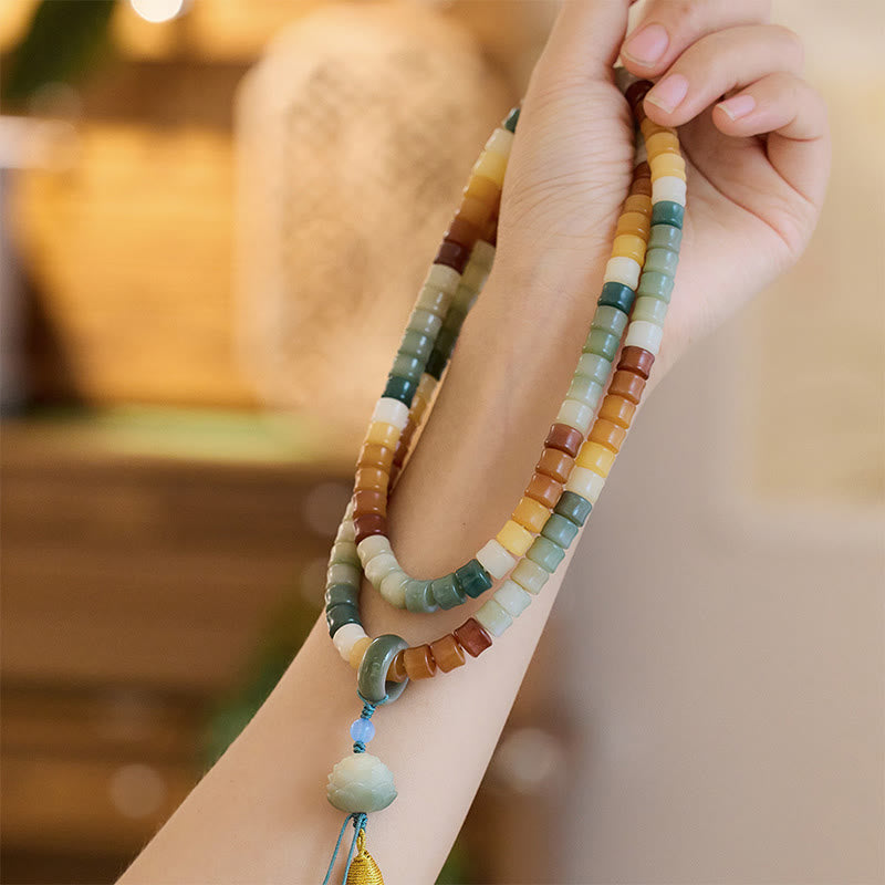 Pulsera de armonía con 108 cuentas de mala, semillas de Bodhi y mano de Buda grabada con loto
