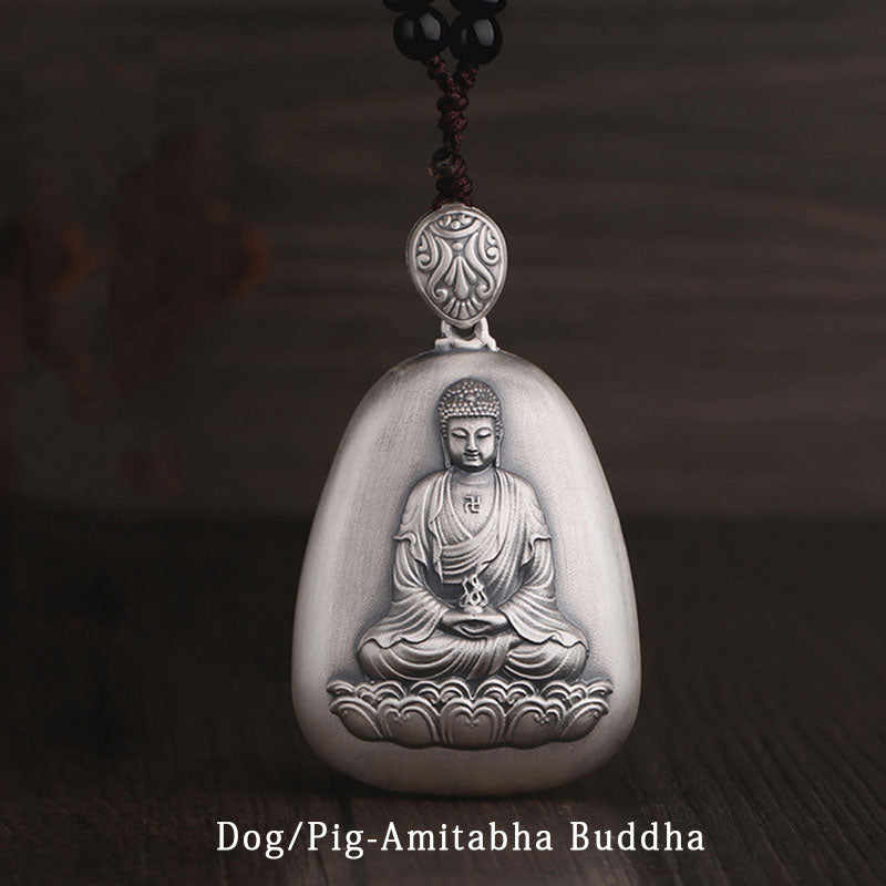 Collar con colgante de protección con piedras de Buda en plata de ley 999 con grabado del Sutra del Corazón de Buda Natal del Zodíaco Chino
