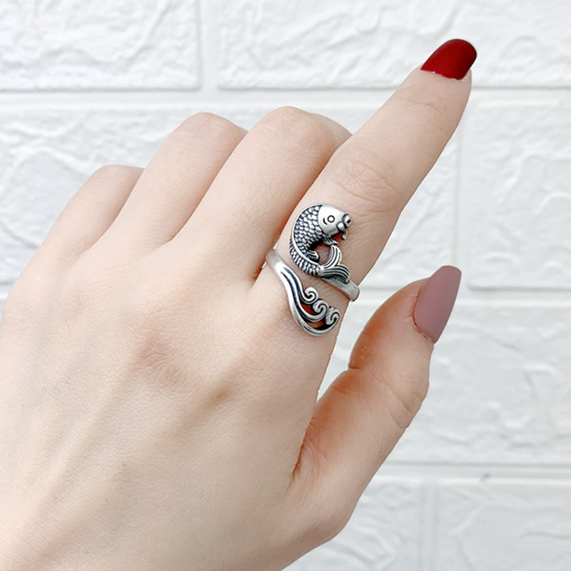 Anillo de plata de ley 925 con piedras de Buda y pez koi, con ondas de agua, para la suerte y la riqueza.