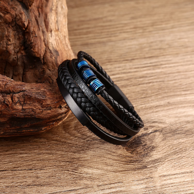 Pulsera trenzada multicapa de cuero y acero de titanio con hebilla magnética y piedras de Buda