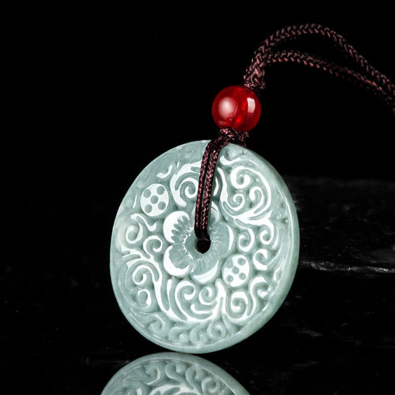 Collar con colgante de la abundancia con hebilla de la paz y flor de jade verde tallada con piedras de Buda