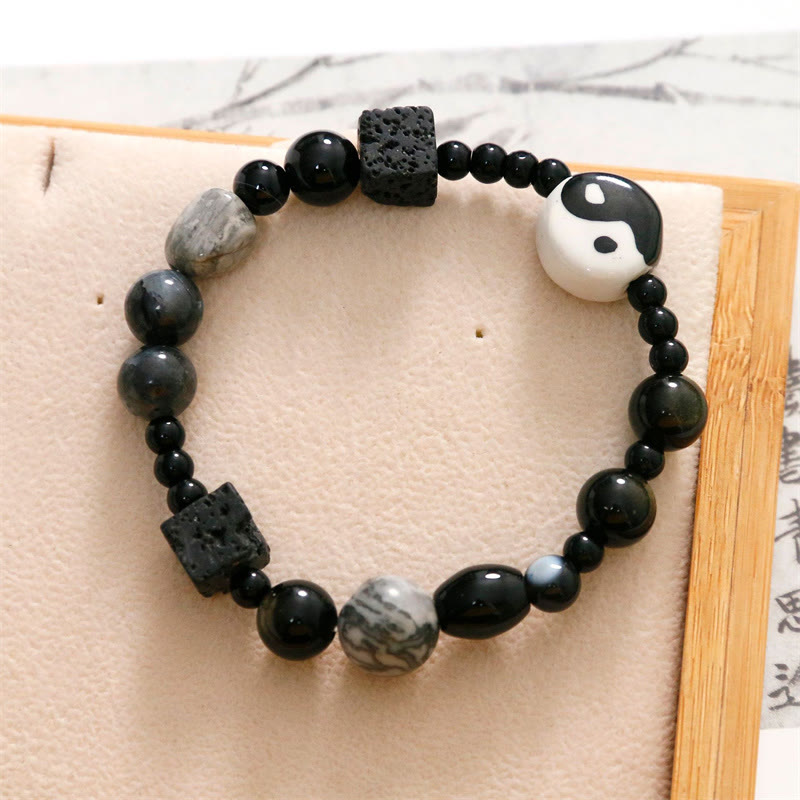 Pulsera de protección de la fortuna Yin Yang con cuentas de jaspe Picasso de ónix negro y piedras de Buda