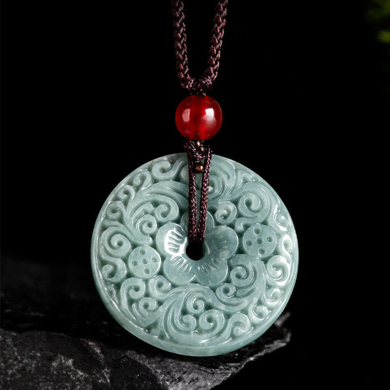 Collar con colgante de la abundancia con hebilla de la paz y flor de jade verde tallada con piedras de Buda