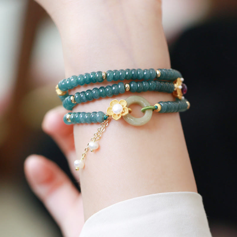 Pulsera de tres vueltas con piedras de Buda, plata de ley 925, chapada en oro, con flor de jade cian y hebilla de paz