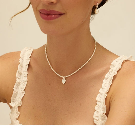 Silver Seed Pearl Engraved Heart Necklace