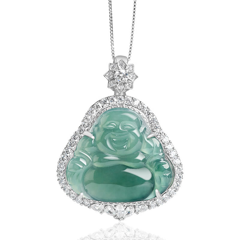 Collar con colgante de Buda sonriente de plata de ley 925 con piedras de Buda y jade natural para la suerte y la abundancia.