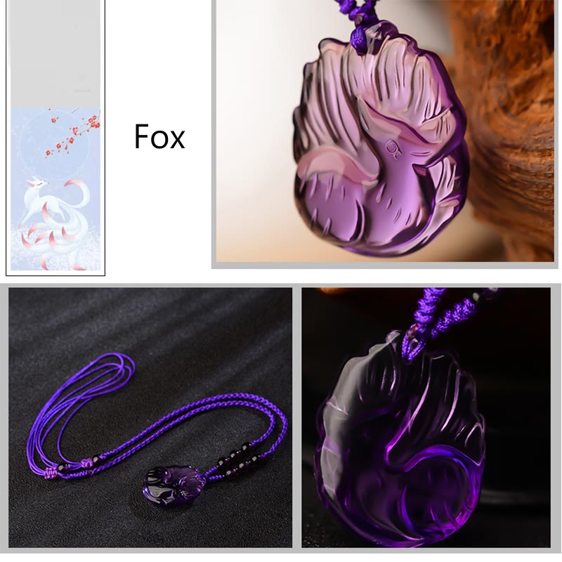 Buddha Stones Natürlicher Amethyst Weißer Kristall Citrin Neunschwänziger Fuchs Glück Halskette Anhänger