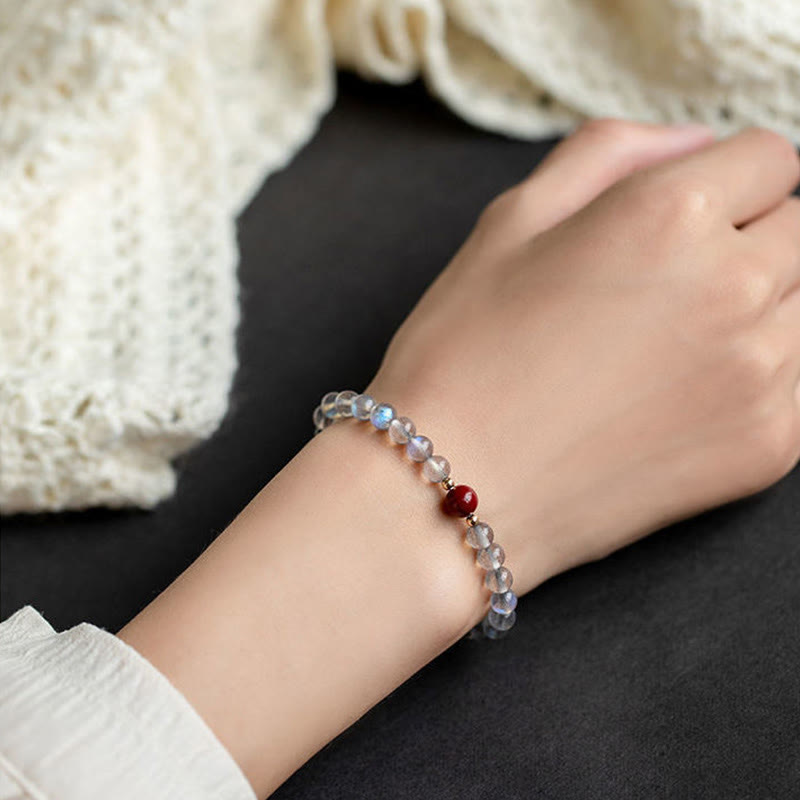Pulsera de piedras de Buda con piedra lunar, cristal rosa y cinabrio, con propiedades curativas positivas