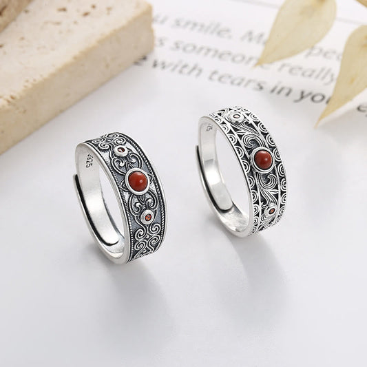 Anillo de pensamiento lógico con nubes auspiciosas y ágata roja incrustada en plata de ley 925 con piedras de Buda