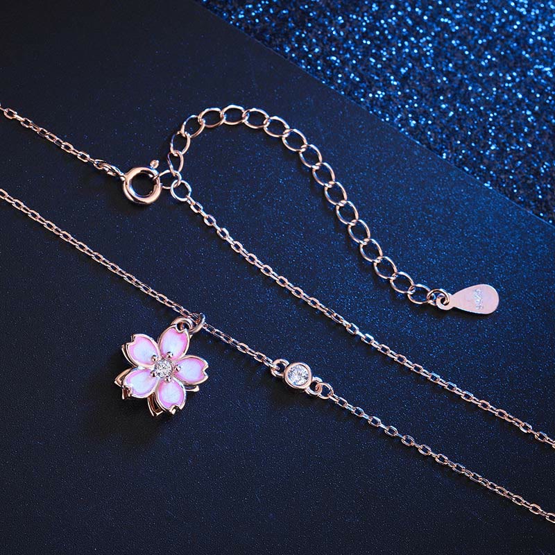 Collar con colgante de flor de cerezo en plata de ley 925 con piedras de Buda y protección giratoria