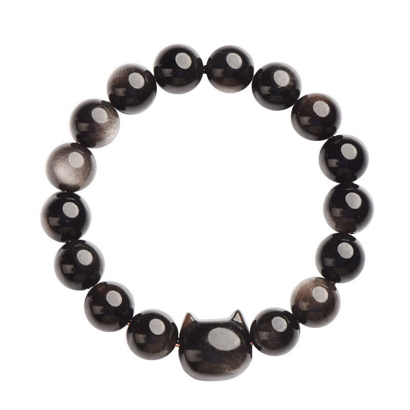 Pulsera de protección con piedras de Buda, obsidiana dorada y obsidiana plateada con brillo, con forma de pata de gato de la suerte.
