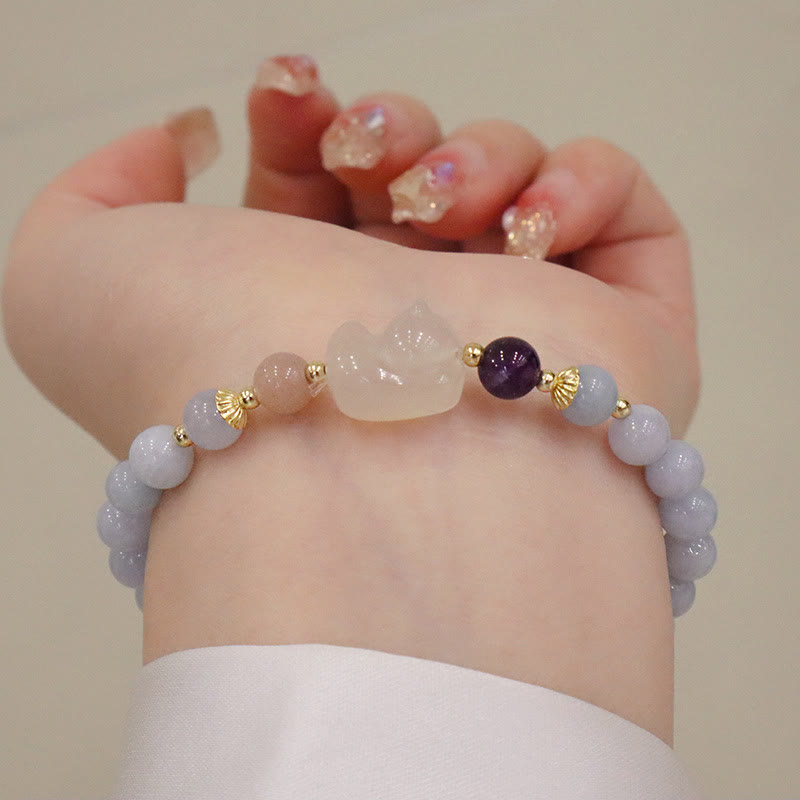Pulsera con dije de gato, calabaza, conejo y calcedonia natural de aguamarina y piedras de Buda